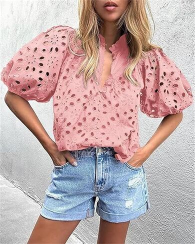 hathne Women's Embroidered Eyelet Blouses Tops Summer V Neck Hollow Out Lantern Short Sleeve Shirts in Saudi Arabia