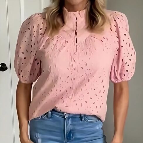 hathne Women's Embroidered Eyelet Blouses Tops Summer V Neck Hollow Out Lantern Short Sleeve Shirts in Saudi Arabia