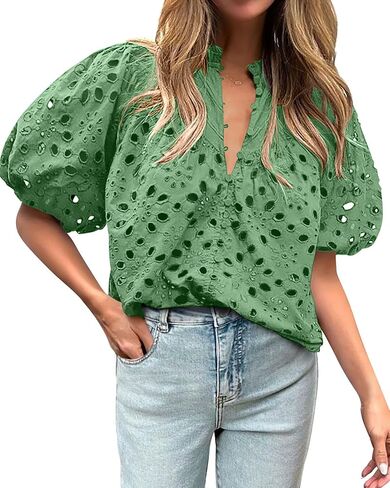 hathne Women's Embroidered Eyelet Blouses Tops Summer V Neck Hollow Out Lantern Short Sleeve Shirts in Saudi Arabia