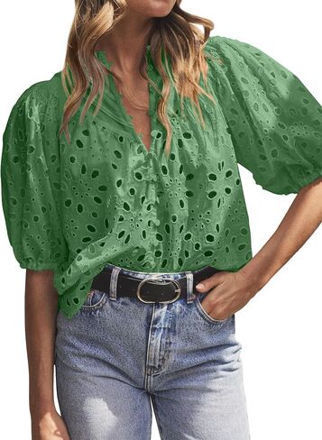 hathne Women's Embroidered Eyelet Blouses Tops Summer V Neck Hollow Out Lantern Short Sleeve Shirts in Saudi Arabia