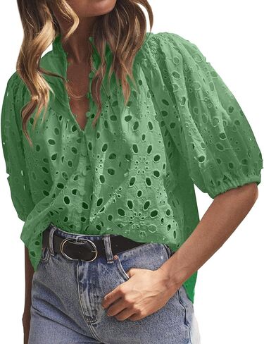 hathne Women's Embroidered Eyelet Blouses Tops Summer V Neck Hollow Out Lantern Short Sleeve Shirts in Saudi Arabia