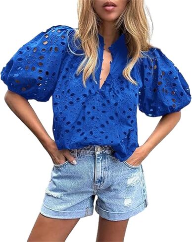 hathne Women's Embroidered Eyelet Blouses Tops Summer V Neck Hollow Out Lantern Short Sleeve Shirts in Saudi Arabia