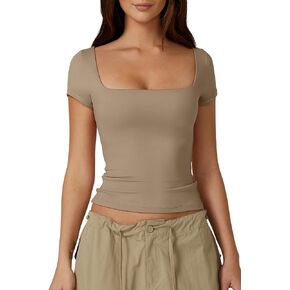 QINSEN Women's Square Neck Short Sleeve Double-Layer Tops Basic Slim Fit Going Out T Shirt