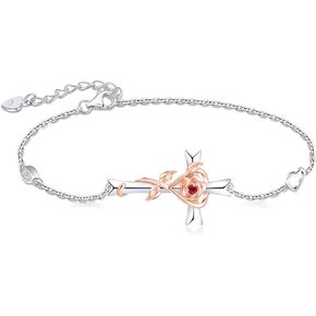 RIVIKO 925 Sterling Silver Cross Birthstone Bracelets for Women Cross Rose Bracelet Trendy Adjustable Link Mothers Day Christmas Anniversary Jewelry Gift for Women Girls Wife Girlfriends Daughter Mom