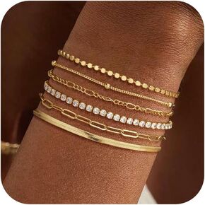 DEARMAY Waterproof Gold Bracelets Set for Women Trendy, Dainty 14K Real Gold Plated Jewelry Fashion Stackable Tennis Beaded Figaro Herringbone Paperclip Link Bracelet Pack Stack Gifts for Women