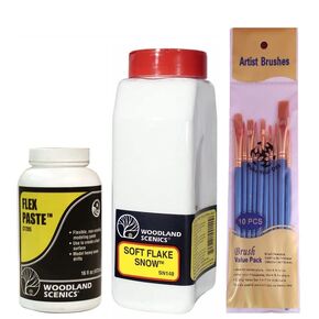 معجون Woodland Scenics Flex (C1205)، وSoft Flake Snow (SN140)، وفرش الرسم الخاصة بيومك