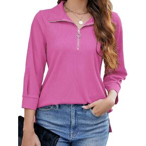 Bluetime 3/4 Sleeve Womens Tops Loose Fit Dressy Casual Tunic Blouses Zipper Collared Work Shirts (M-3XL)
