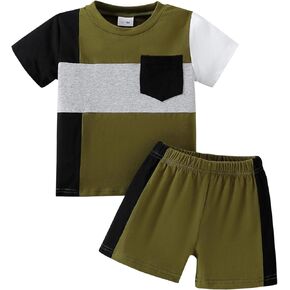Toddler Boy Clothes Baby Boy Spring Summer Outfit Patchwork Short Sleeve T-shirts Tops and shorts Set Size 12M-5T