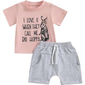 MoZiKQin Baby Boy Easter Outfit Bunny Short Sleeve T-shirt Top Checkered Shorts Set Toddler Boys Easter Outfits