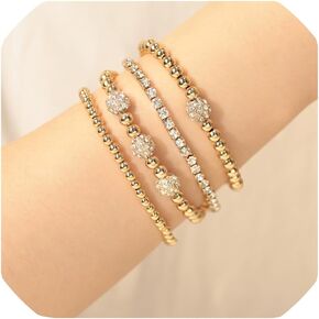 Gold Chain Link Beaded Bracelet Set for Women 14K Gold Plated Sparkling Cubic Zirconia CZ Lock Portrait Dainty Classic Stretchable Layered Bracelets for Girls