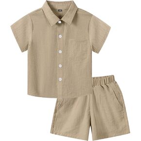 LecGee Boys 2 Piece Linen Set Casual Short Sleeve Button Down Shirt and Shorts Set For Kids 4-10 Years
