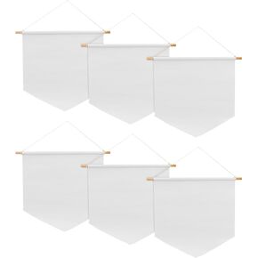 6 Pcs Blank Canvas Banners, 13 x 13.7 Inch Pin Wall Display Banners with Wooden Dowel and rope, White Canvas Banners Flags for Decorating, DIY