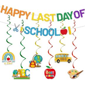 Happy Last Day of School Banner, Last Day of School Party Decorations Hanging Swrils, HLD End of School Year Party Decorations, School Classroom Last Day of School Sign Banner, Pre-assembled