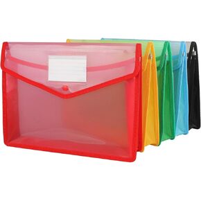 A4 Plastic Wallet Folder Envelope, CertBuy 5 Pack Waterproof Poly Envelope Plastic File Wallet Document Folder with Button Closure for School Office Home - Red Blue Yellow Green Black