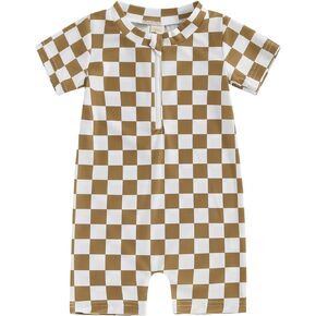 Toddler Baby Boy Girl Swimsuit Checkered One Piece Swimwear Short Sleeve Zipper Rash Guard Beach Bathing