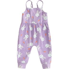YOKJZJD Toddler Baby Girl Easter Outfit Bunny Sleeveless Romper Jumpsuit Suspender Overalls Pants
