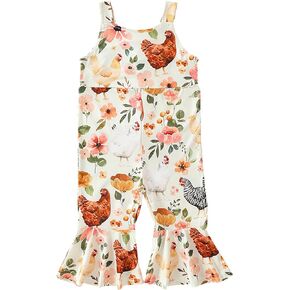 Toddler Baby Girl Farm Outfit Floral Chickens Jumpsuit Bell Bottoms Romper Flare Pants Overalls Summer Clothes