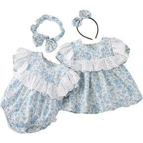 Yanmucy Baby Girls Summer Clothes 2PCS Sister Matching Outfits with Bow Headband Floral Ruffle Toddle Kids Romper Dress Set