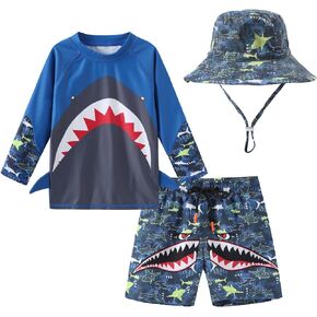 Toddlers and Baby Boys' 3-Piece Rashguard Sets Swimsuits Sets with Hat Surfing Swimwear Sunsuit UPF 50+