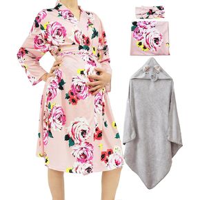 SUFEINI Maternity Robe with Matching Swaddle Set Girls Boys, Mommy Robe and Me Set