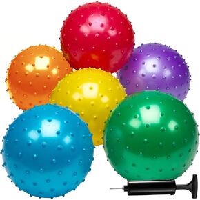 Bedwina Knobby Balls - (Pack of 6) Bulk 7 Inch Sensory Balls and Spiky Massage Stress Balls for Toddlers, with Pump, Fun Bouncy Toddler Balls for Kids Party Favors, Stocking Stuffers