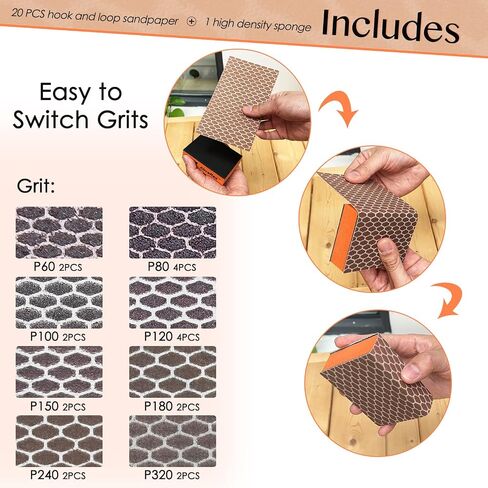 S&X Sanding Sponge Block, 20 Hook & Loop Sheets, Assorted Grit | Hook-and-loop sanding sponge; switch grits fast; wet/dry for wood, metal, drywall and paint. in Saudi Arabia