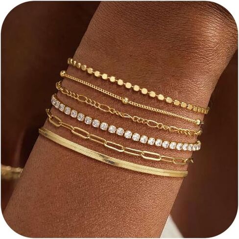DEARMAY Waterproof Gold Bracelets Set for Women Trendy, Dainty 14K Real Gold Plated Jewelry Fashion Stackable Tennis Beaded Figaro Herringbone Paperclip Link Bracelet Pack Stack Gifts for Women in Kuwait