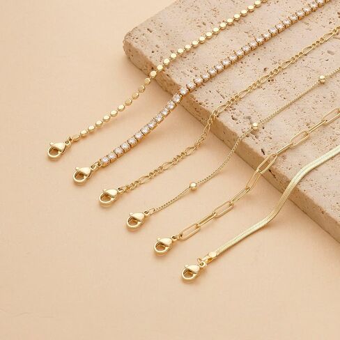 DEARMAY Waterproof Gold Bracelets Set for Women Trendy, Dainty 14K Real Gold Plated Jewelry Fashion Stackable Tennis Beaded Figaro Herringbone Paperclip Link Bracelet Pack Stack Gifts for Women in Kuwait