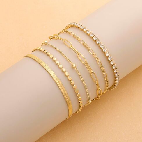 DEARMAY Waterproof Gold Bracelets Set for Women Trendy, Dainty 14K Real Gold Plated Jewelry Fashion Stackable Tennis Beaded Figaro Herringbone Paperclip Link Bracelet Pack Stack Gifts for Women in Kuwait
