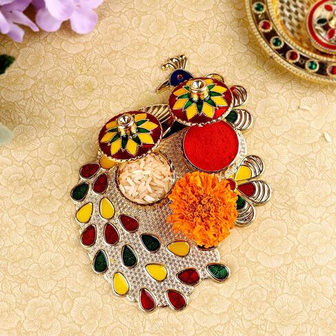 SATVIK قطعة واحدة من حامل Kankavati Thali Roli Chawal/الأرز مع غطاء، حامل Kumkum Haldi Rakhi Pooja Thali Indian Festival Diwali Pujan Mandir Tika Roli Plate مجموعة هدايا الانتقال لمنزل جديد in Saudi Arabia