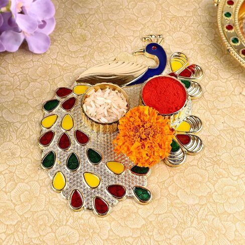 SATVIK قطعة واحدة من حامل Kankavati Thali Roli Chawal/الأرز مع غطاء، حامل Kumkum Haldi Rakhi Pooja Thali Indian Festival Diwali Pujan Mandir Tika Roli Plate مجموعة هدايا الانتقال لمنزل جديد in Saudi Arabia