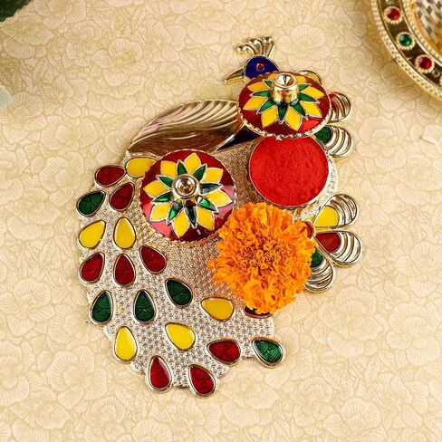 SATVIK قطعة واحدة من حامل Kankavati Thali Roli Chawal/الأرز مع غطاء، حامل Kumkum Haldi Rakhi Pooja Thali Indian Festival Diwali Pujan Mandir Tika Roli Plate مجموعة هدايا الانتقال لمنزل جديد in Saudi Arabia
