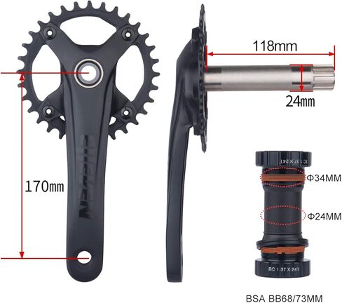 170 مللي متر دراجة كرانسيت 32T/34T/36T جوفاء متكاملة 104BCD سرعة واحدة مستديرة سلسلة كرانسيت مع قوس سفلي in Kuwait