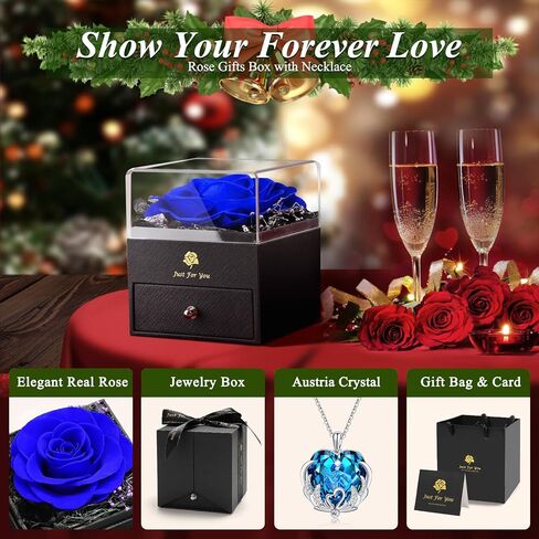 وردة حقيقية محفوظة مع قلادة كريستال للنساء - هدايا الزهور الأبدية للأم والزوجة وصديقتها في الذكرى السنوية، وعيد الأم، وعيد الحب، والكريسماس، وعيد الشكر، وأعياد الميلاد in Kuwait