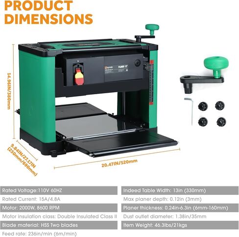 （Updated Model）Kayrain 13IN Power Benchtop Planer with HSS Double-sided Use Blades Electric Thickness Planer 15A 2000W Powerful Motor Wood Planers for Woodworking in Saudi Arabia