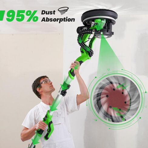 ماكينة صنفرة الحوائط الجافة من هارديل، ماكينة صنفرة الحوائط الجافة بقدرة 6.5 أمبير مع مجمع غبار فراغ، ماكينة سنفرة الحوائط الجافة الكهربائية مع 6 سرعات متغيرة 800-1850 دورة في الدقيقة، مصابيح LED ذات الطابقين، مقبض قابل للتمديد والطي in Kuwait