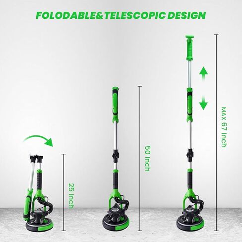 ماكينة صنفرة الحوائط الجافة من هارديل، ماكينة صنفرة الحوائط الجافة بقدرة 6.5 أمبير مع مجمع غبار فراغ، ماكينة سنفرة الحوائط الجافة الكهربائية مع 6 سرعات متغيرة 800-1850 دورة في الدقيقة، مصابيح LED ذات الطابقين، مقبض قابل للتمديد والطي in Kuwait