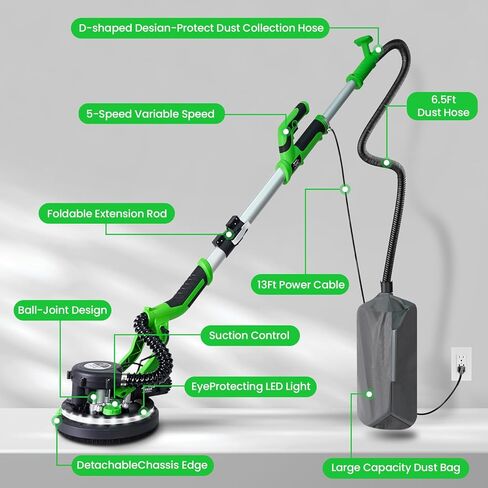 ماكينة صنفرة الحوائط الجافة من هارديل، ماكينة صنفرة الحوائط الجافة بقدرة 6.5 أمبير مع مجمع غبار فراغ، ماكينة سنفرة الحوائط الجافة الكهربائية مع 6 سرعات متغيرة 800-1850 دورة في الدقيقة، مصابيح LED ذات الطابقين، مقبض قابل للتمديد والطي in Kuwait