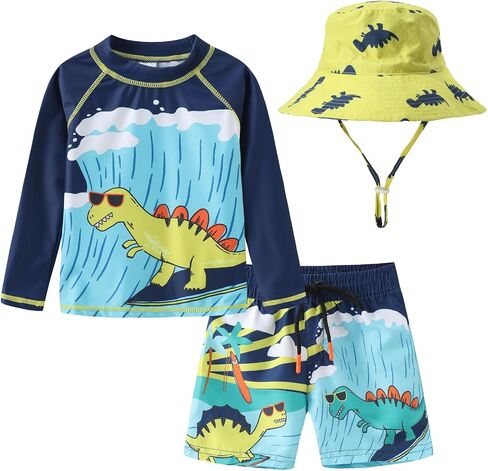 Toddlers and Baby Boys' 3-Piece Rashguard Sets Swimsuits Sets with Hat Surfing Swimwear Sunsuit UPF 50+ in Saudi Arabia