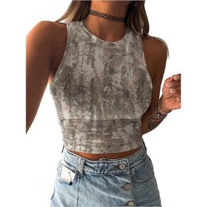 Makemechic Women's Camo Print Tank Top Crew Neckless Slim Fit Tops Summer Crops in Kuwait