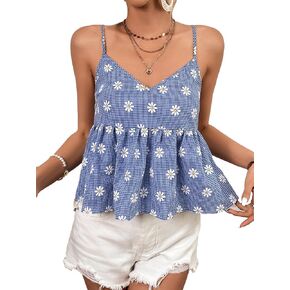 SweatyRocks Women's Floral Print Sleeveless Peplum Cami Top Spaghetti Strap Ruffle Hem Tank Top in Kuwait