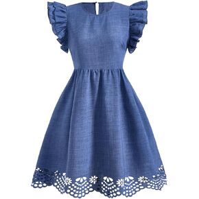 Women's Ruffle Cap Sleeve Short Dress Crew Neck A Line Flowy Babydoll Dresses in Kuwait