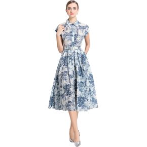 LAI MENG FIVE CATS Women's Short Sleeves Collar Shirt Printed Buttons Casual Midi Dress with Belt in Kuwait