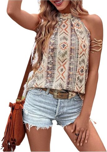 GORGLITTER Women's Western Halter Tops Boho Pleated Sleeveless Vintage Country Cowgirl Nashville Outfits 2025 in Saudi Arabia