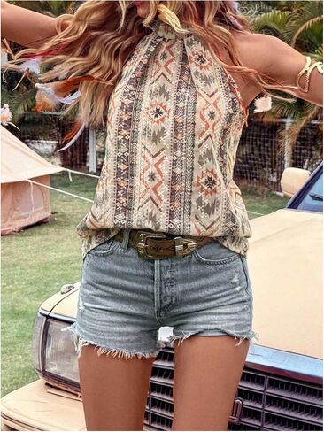 GORGLITTER Women's Western Halter Tops Boho Pleated Sleeveless Vintage Country Cowgirl Nashville Outfits 2025 in Saudi Arabia