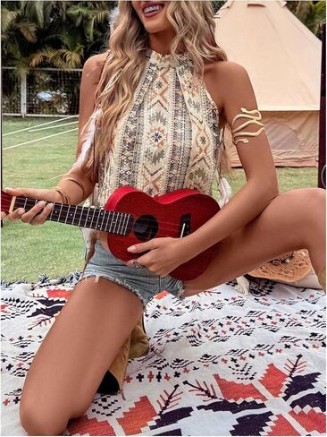 GORGLITTER Women's Western Halter Tops Boho Pleated Sleeveless Vintage Country Cowgirl Nashville Outfits 2025 in Saudi Arabia