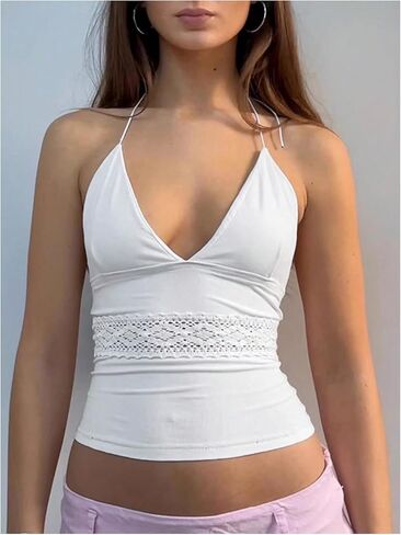 SOLY HUX Women's Lace Halter Top Deep V Neck Sleeveless Tie Backless Party Club Tops in Saudi Arabia