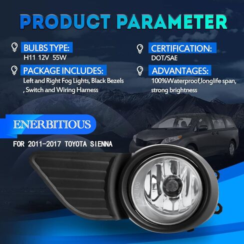 مصابيح أضواء الضباب بديل لعام 2011 2012 2013 2014 2015 2015 2017 Toyota Sienna (Not Fit SE Models) Light Light متوافق مع مفتاح H11 12V 55W ومسح الأسلاك Kit-Chrome in Kuwait