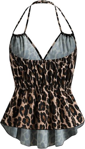 SweatyRocks Women's Leopard Print Halter Peplum Top V Neck Asymmetrical Ruffle Hem Cami Tops in Saudi Arabia