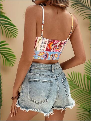 SHENHE Women's Tropical Print Spaghetti Strap Bandana Top Hanky Hem Hankerchief Tank Crop Cami in Saudi Arabia